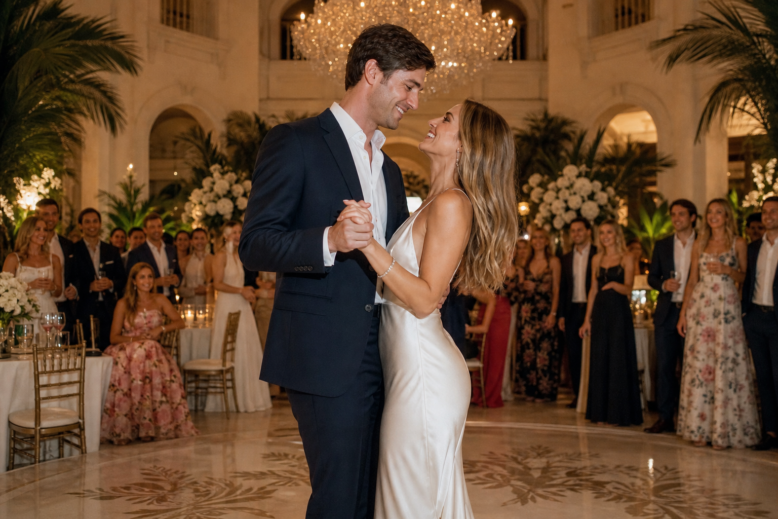 Elegant couple at a Palm Beach-style private celebration for a personal engagement party atmosphere