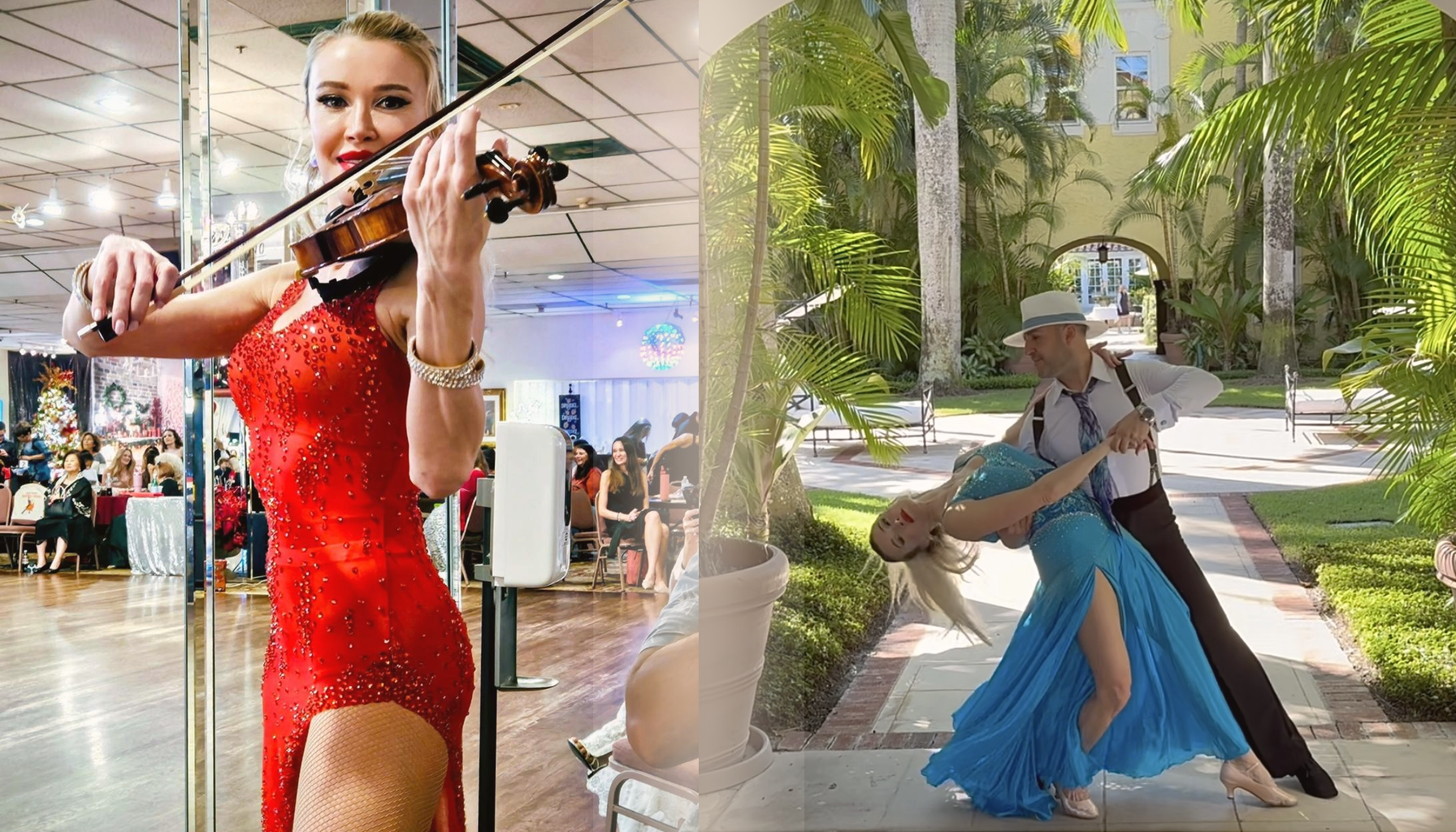Luxury Palm Beach grand opening entertainment with live violin and ballroom dance in an elegant South Florida setting