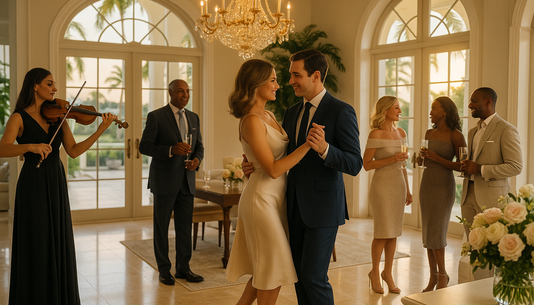 Elegant Palm Beach housewarming party with live violin, light social dancing, and stylish guests in a luxury South Florida home