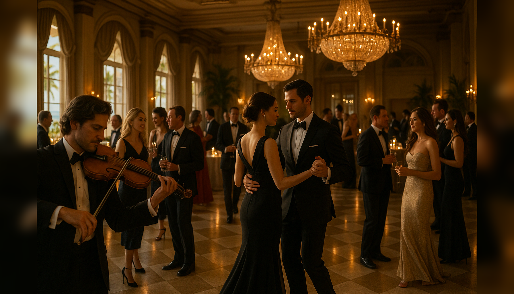 Elegant guests at a Palm Beach luxury hotel welcome reception enjoying live violin and subtle ballroom dance in a warm South Florida resort setting
