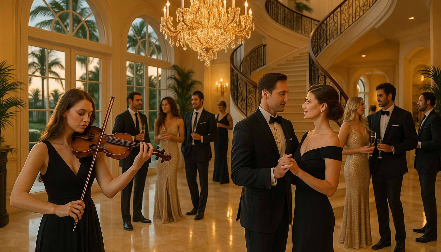 Luxury Palm Beach open house with live violin, elegant social dancing, and stylish guests in a bright South Florida estate