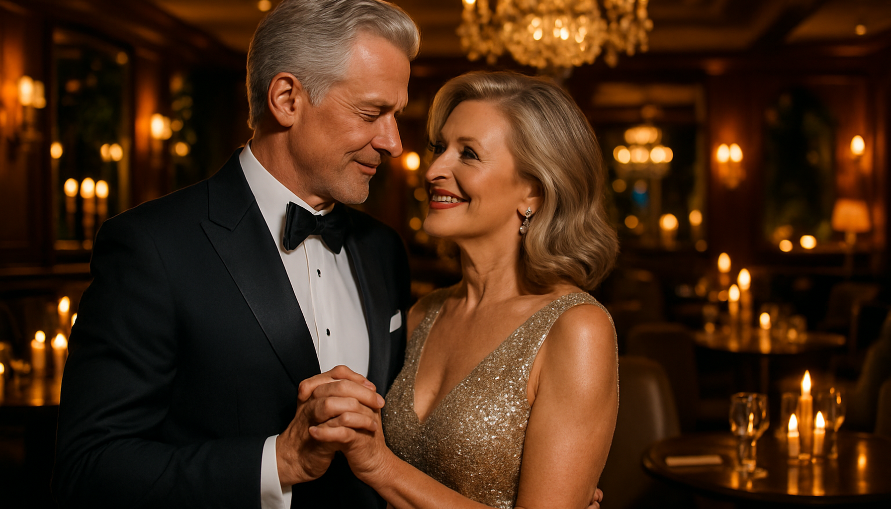 Elegant Palm Beach couple practicing a private ballroom dance lesson before a milestone anniversary party in a warm luxury South Florida interior