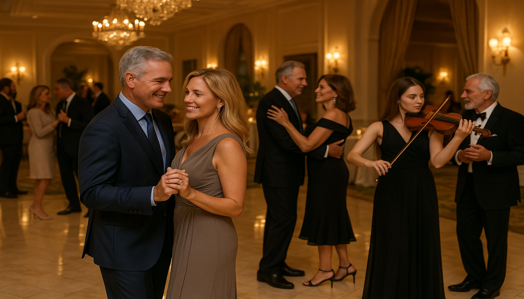 Luxury Palm Beach networking event with live violin, elegant social dancing, and warm South Florida ballroom lighting