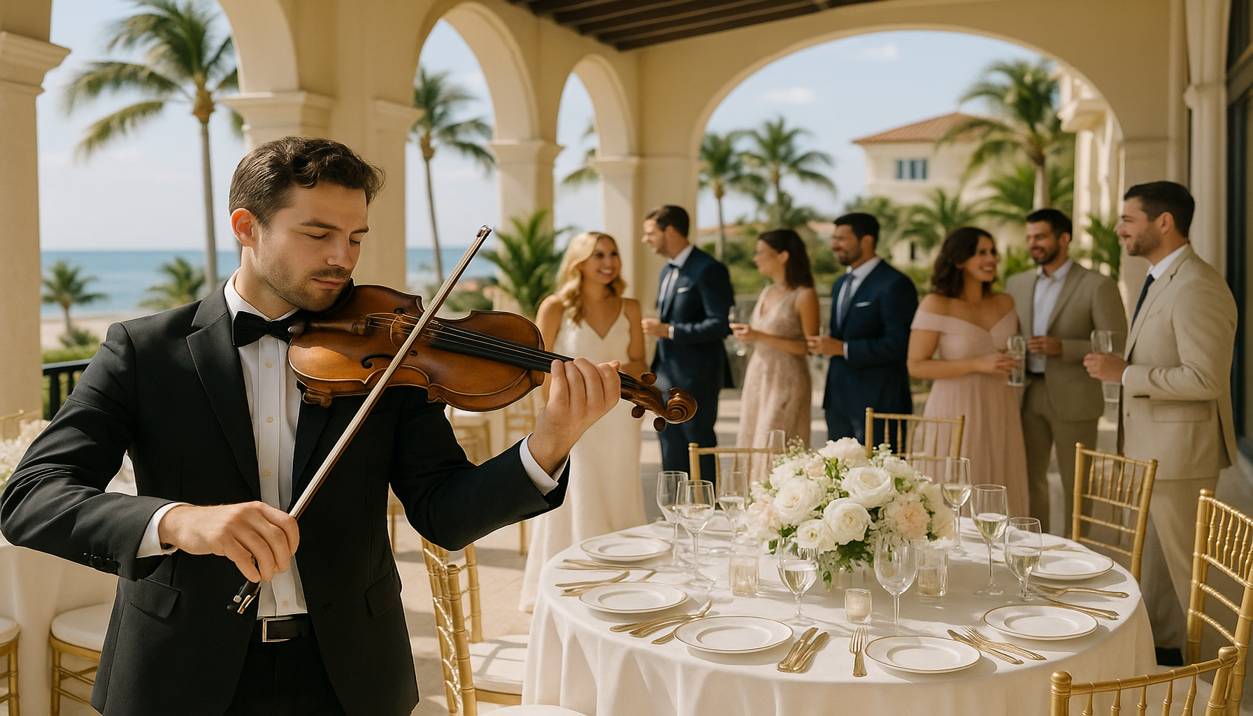 Elegant Palm Beach post-wedding brunch on a luxury South Florida terrace with live violin, stylish guests, and warm morning light