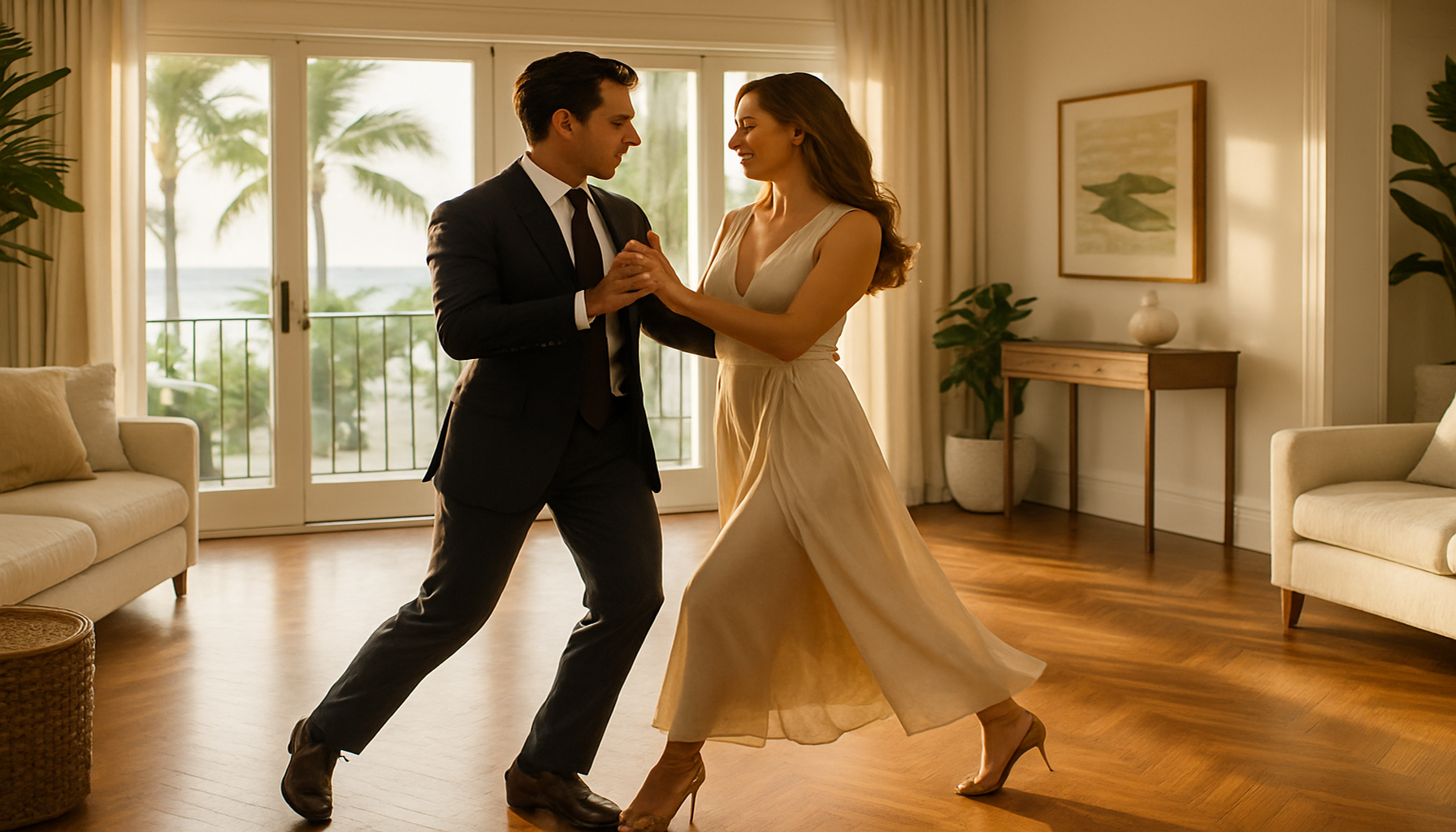 Elegant Palm Beach professionals taking a private ballroom dance lesson at home after work in a bright luxury South Florida living room