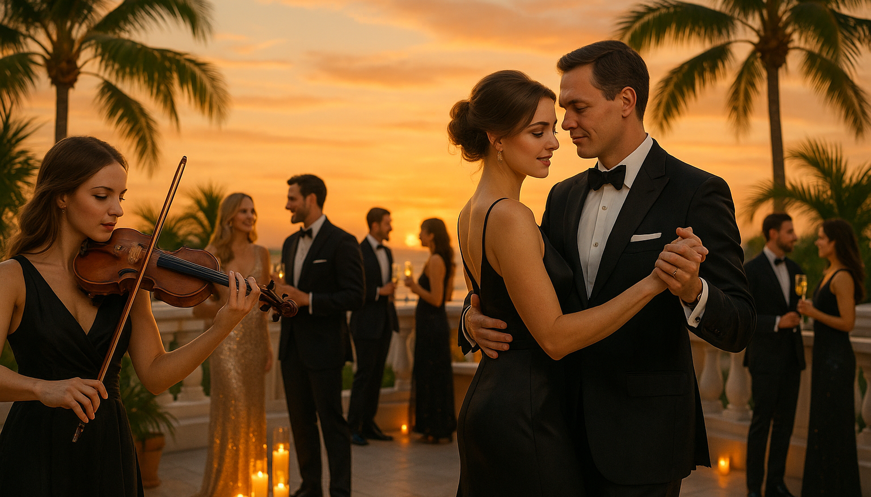 Elegant Palm Beach rooftop cocktail party with live violin and ballroom dance at sunset in a luxury South Florida setting