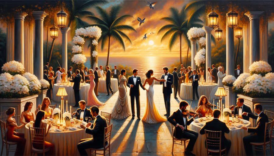 Glamorous outdoor evening garden party in Palm Beach with elegant guests dancing on a lantern-lit terrace, live violinist performing, warm golden sunset over the ocean