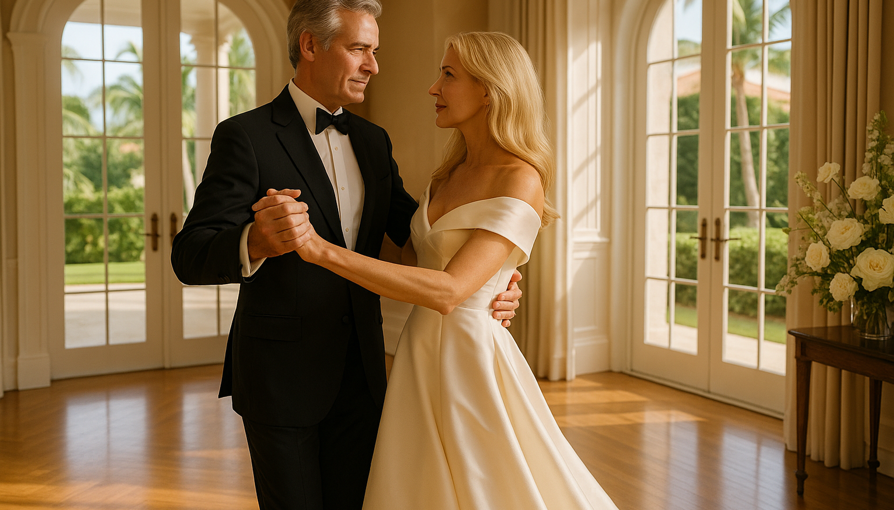 Elegant mature couple practicing a private dance lesson before a second wedding in a luxury Palm Beach setting with warm South Florida light