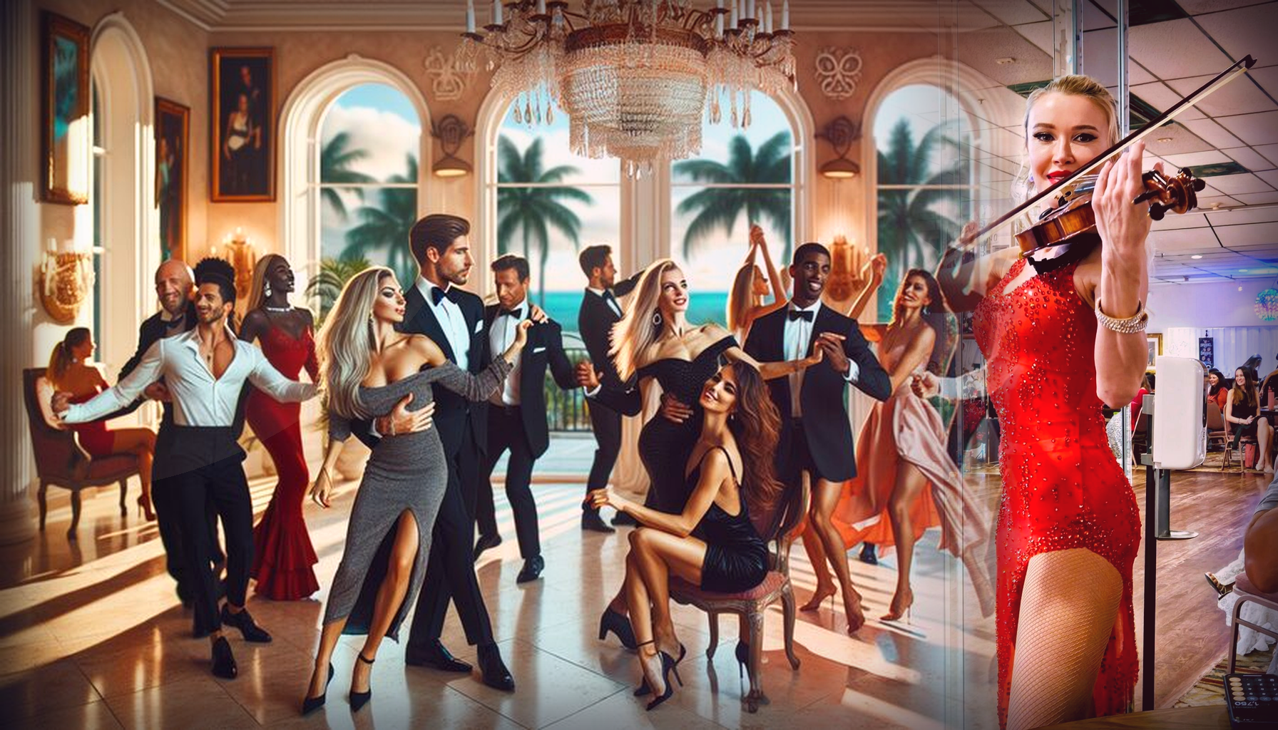 Bright glamorous Palm Beach senior living event with live violin, elegant social dancing, smiling residents, and warm South Florida afternoon light