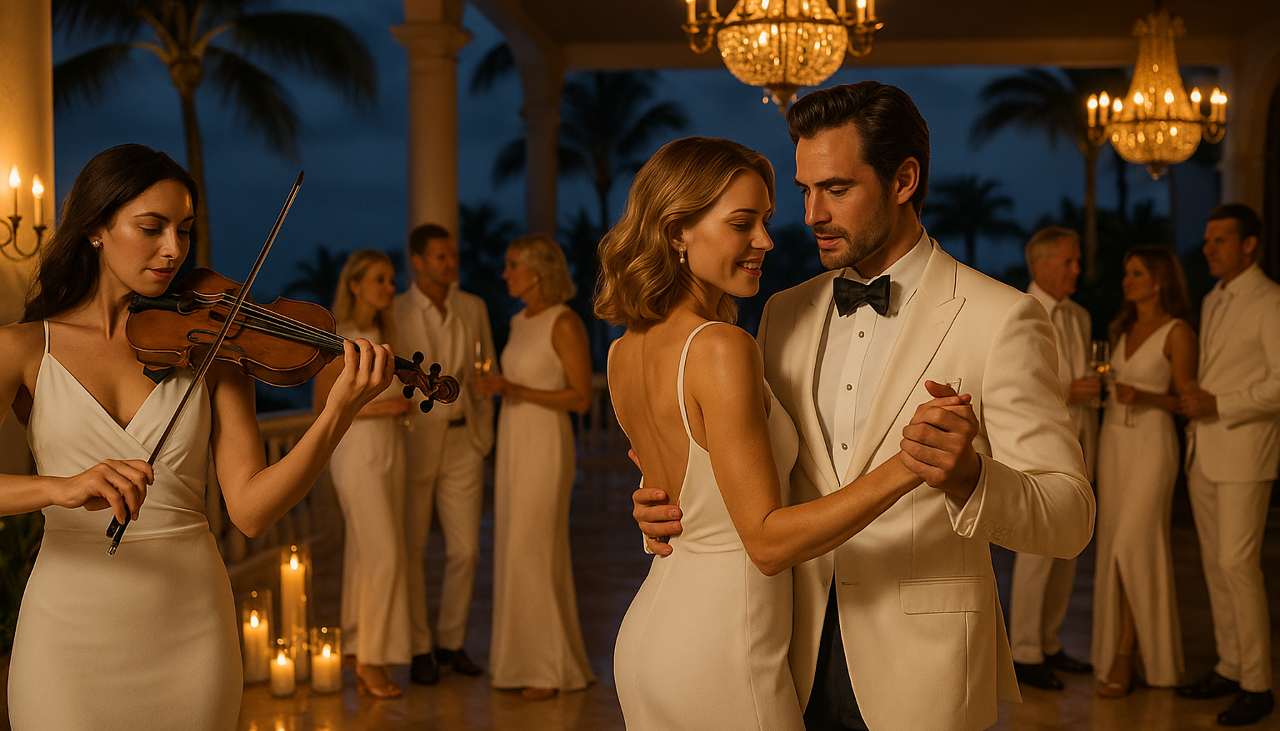 Elegant Palm Beach summer white party with live violin and ballroom dancing on a candlelit luxury terrace at dusk