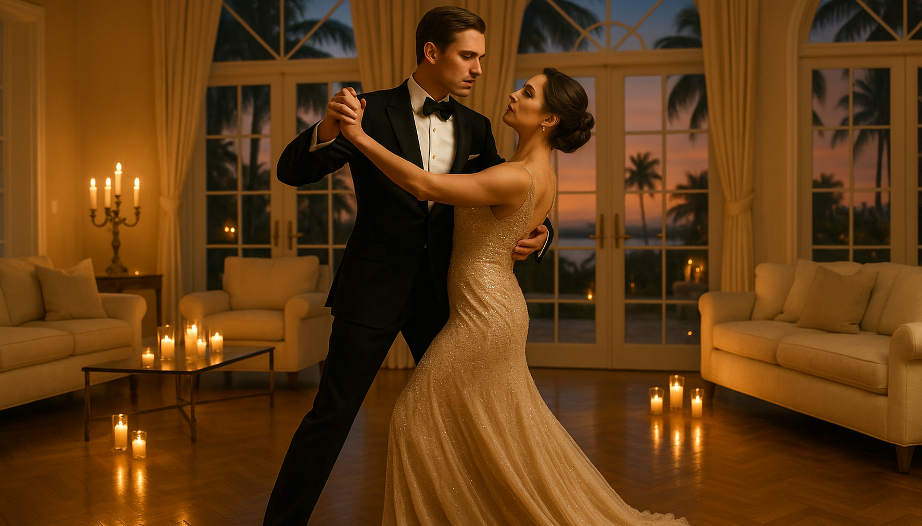 Elegant Palm Beach couple practicing a private ballroom dance lesson before a vow renewal in a luxury South Florida home