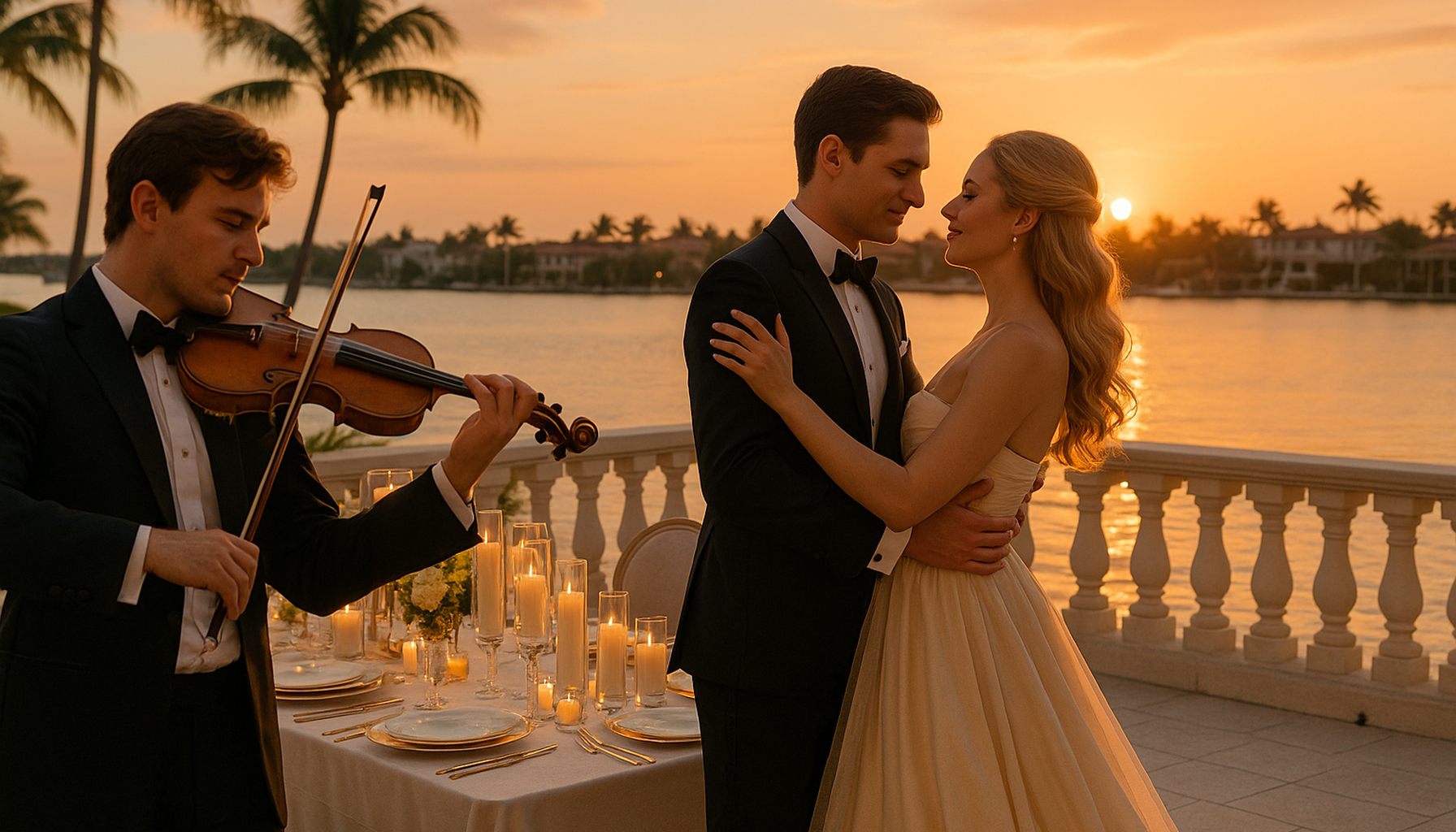 Elegant Palm Beach waterfront dinner party with live violin and a couple ballroom dancing on a luxury terrace at sunset