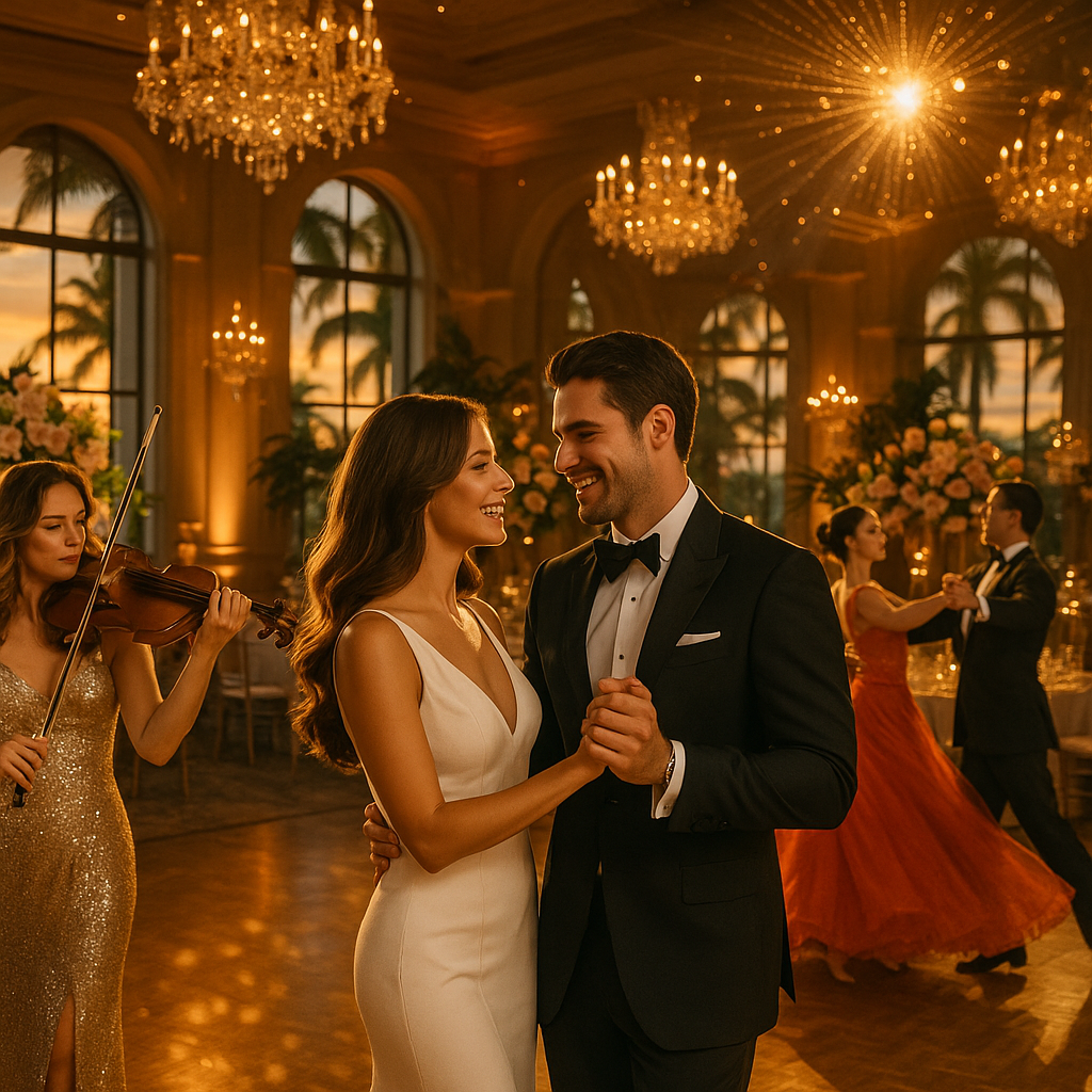 Bright glamorous Palm Beach wedding entertainment scene with live violin and elegant ballroom dancers