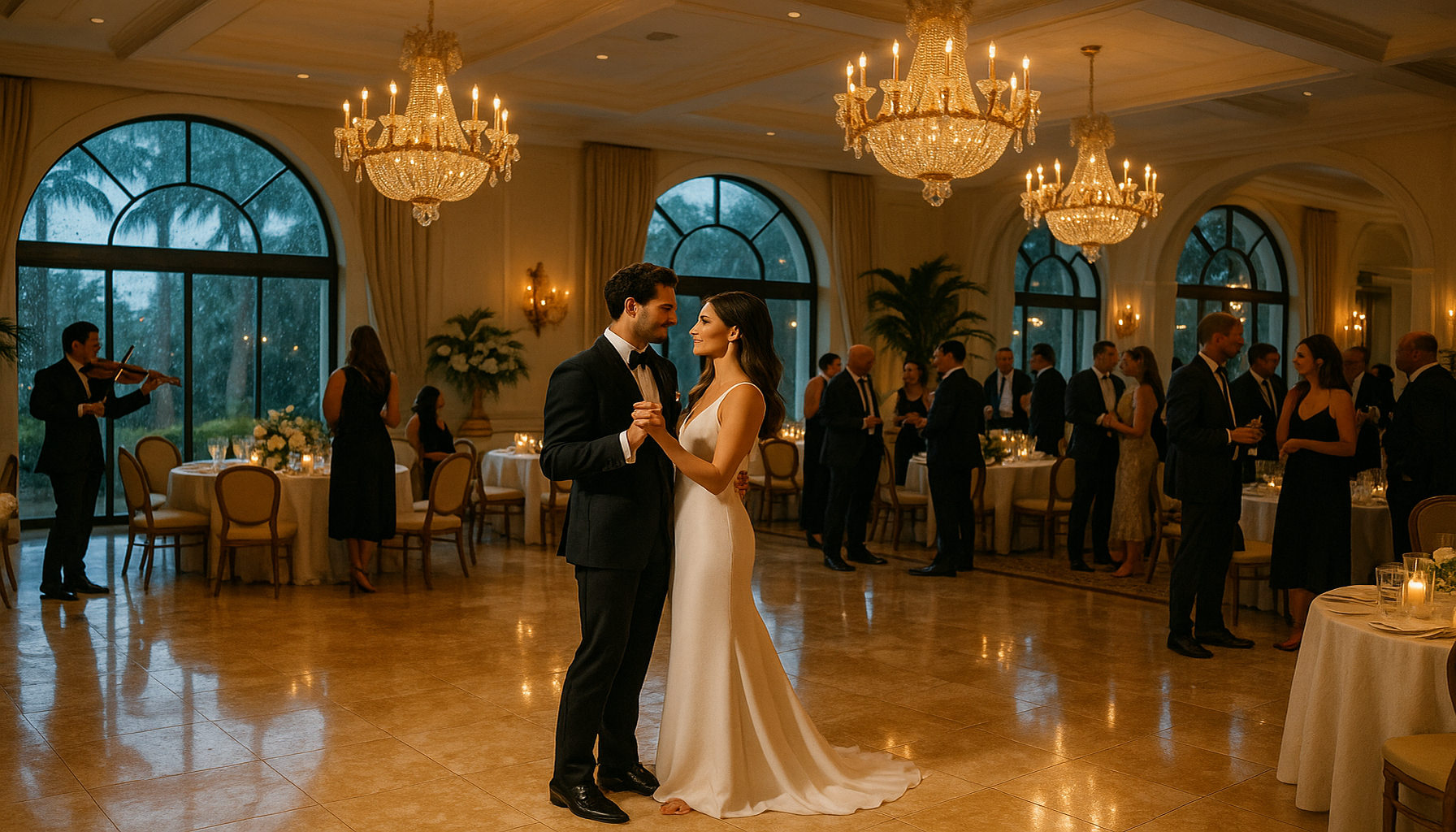 Elegant Palm Beach wedding rain plan reception in a luxury South Florida ballroom with live violin, candlelight, and dancing