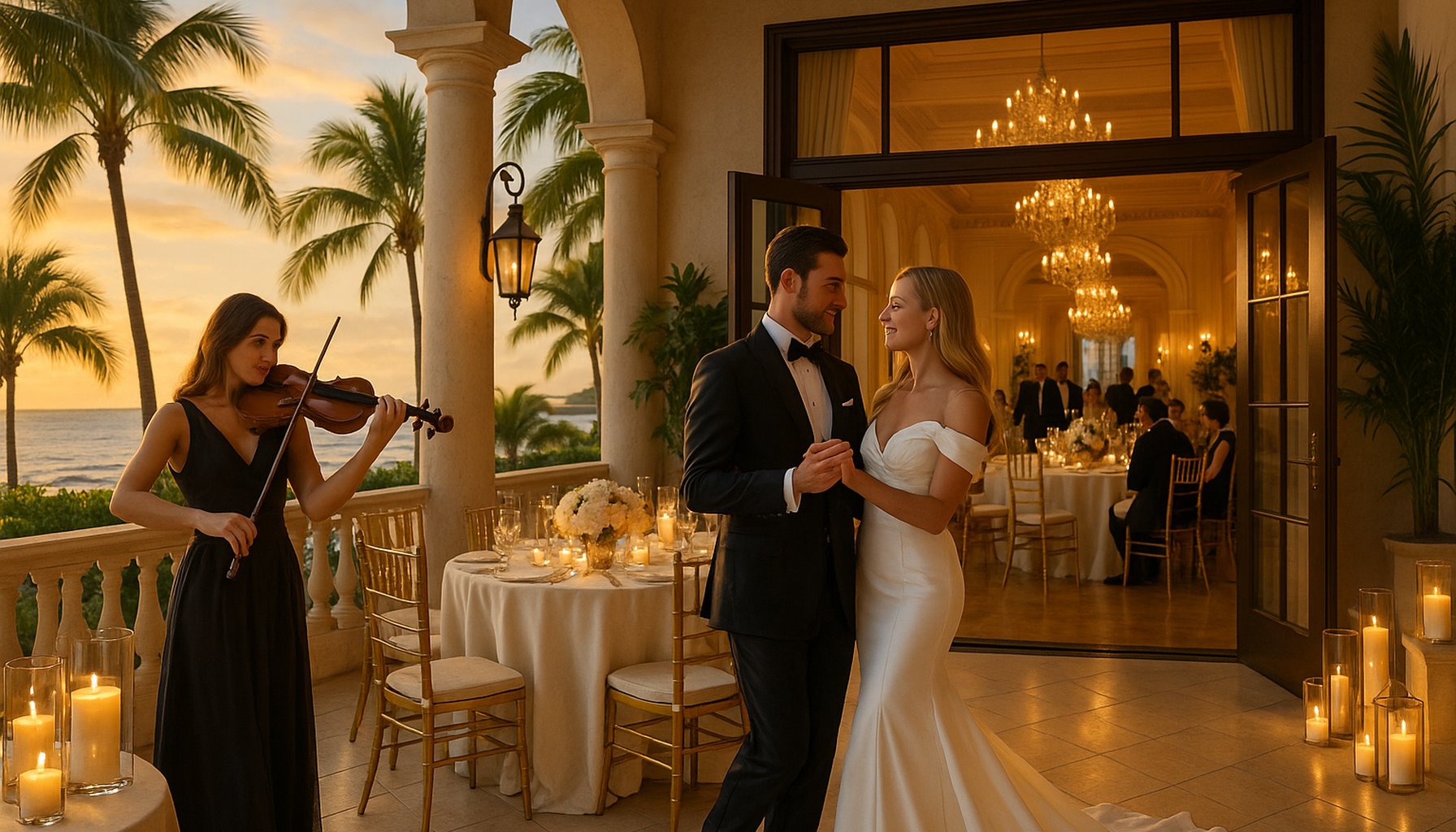 Elegant Palm Beach wedding venue with live violin during cocktail hour and a couple dancing under warm South Florida light
