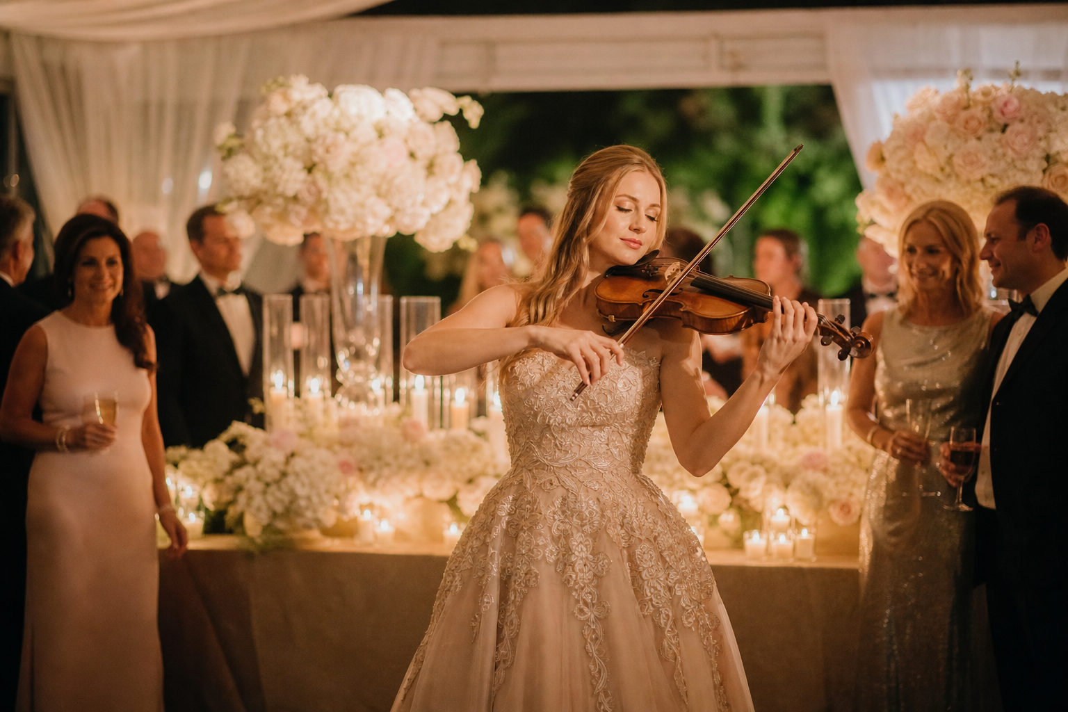 Bright glamorous Palm Beach wedding welcome party with live violin, elegant guest flow, and a polished South Florida outdoor venue atmosphere