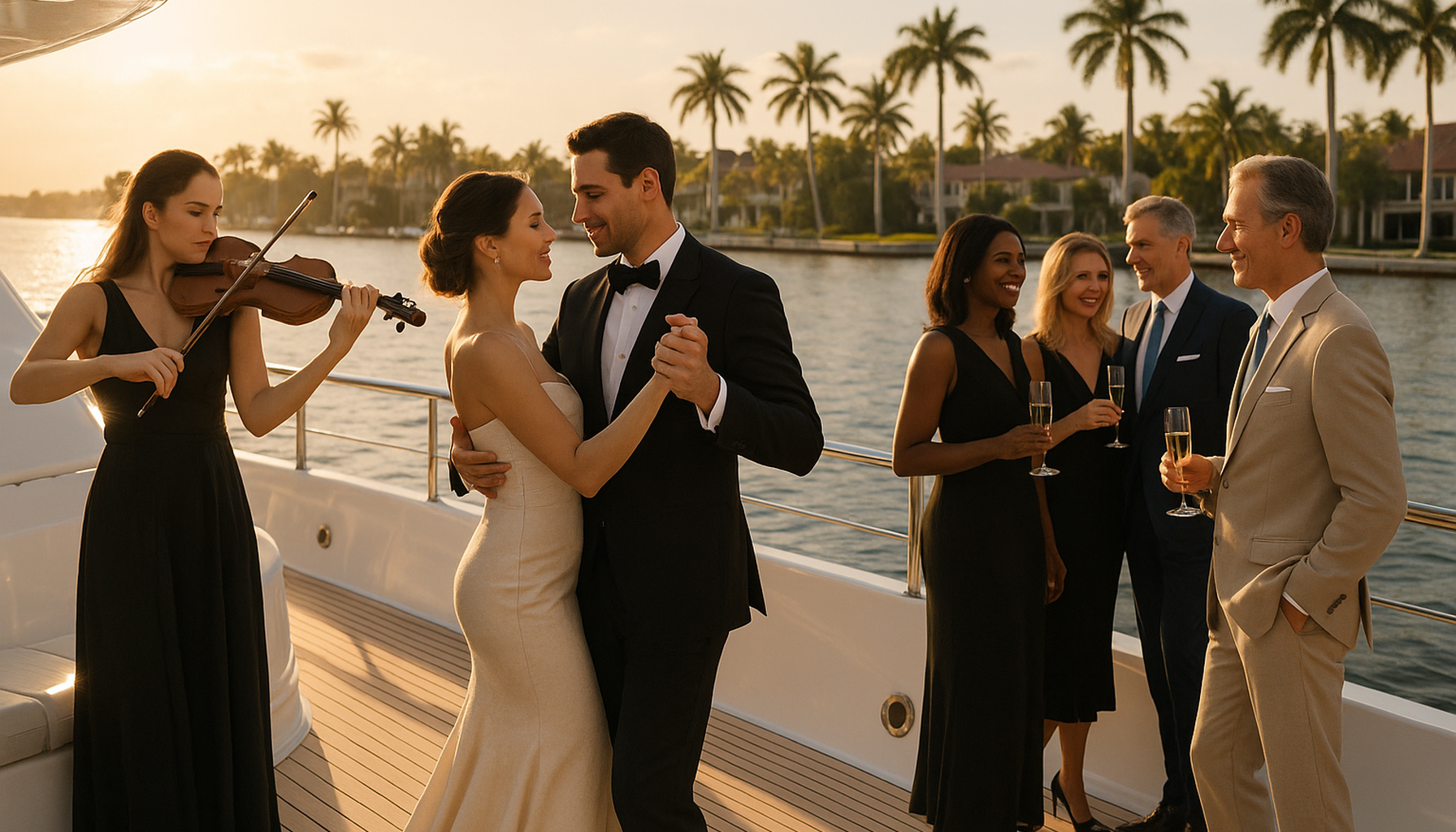 Elegant Palm Beach yacht party with live violin, stylish guests, and graceful dance on a luxury South Florida deck at sunset