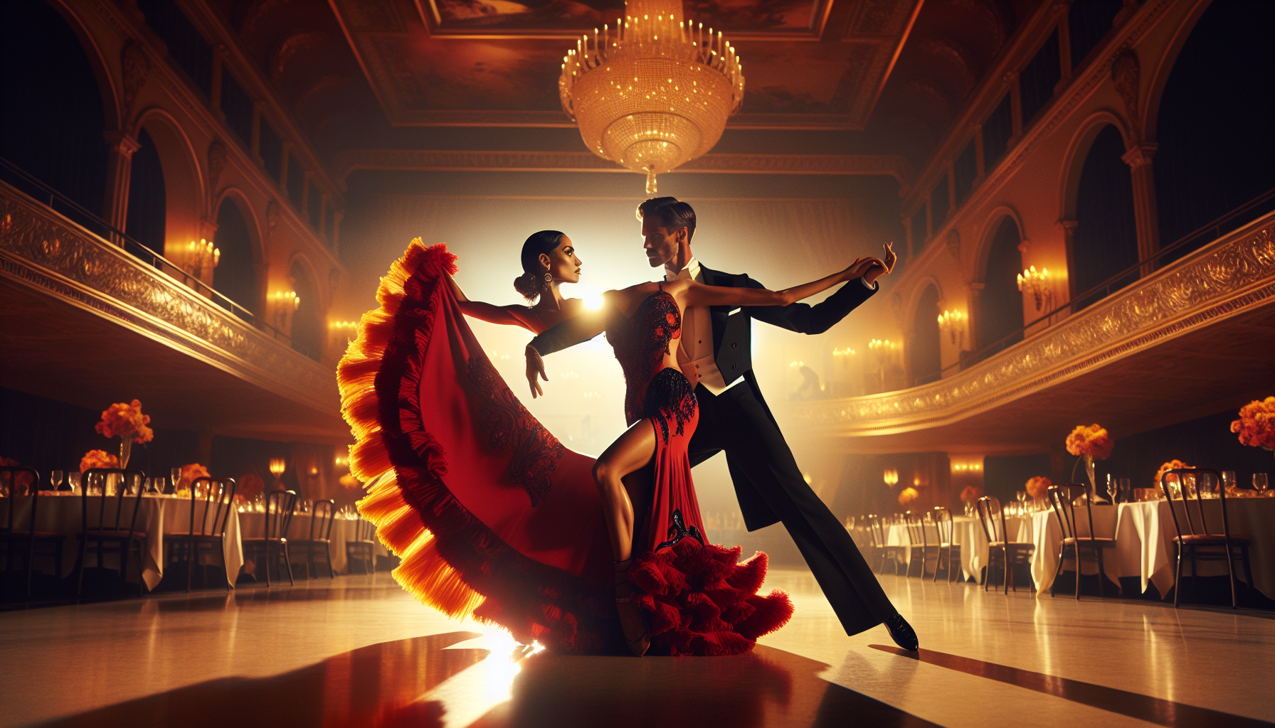 Glamorous couple performing the dramatic Paso Doble in an elegant Palm Beach ballroom under golden chandeliers, woman in red flamenco gown