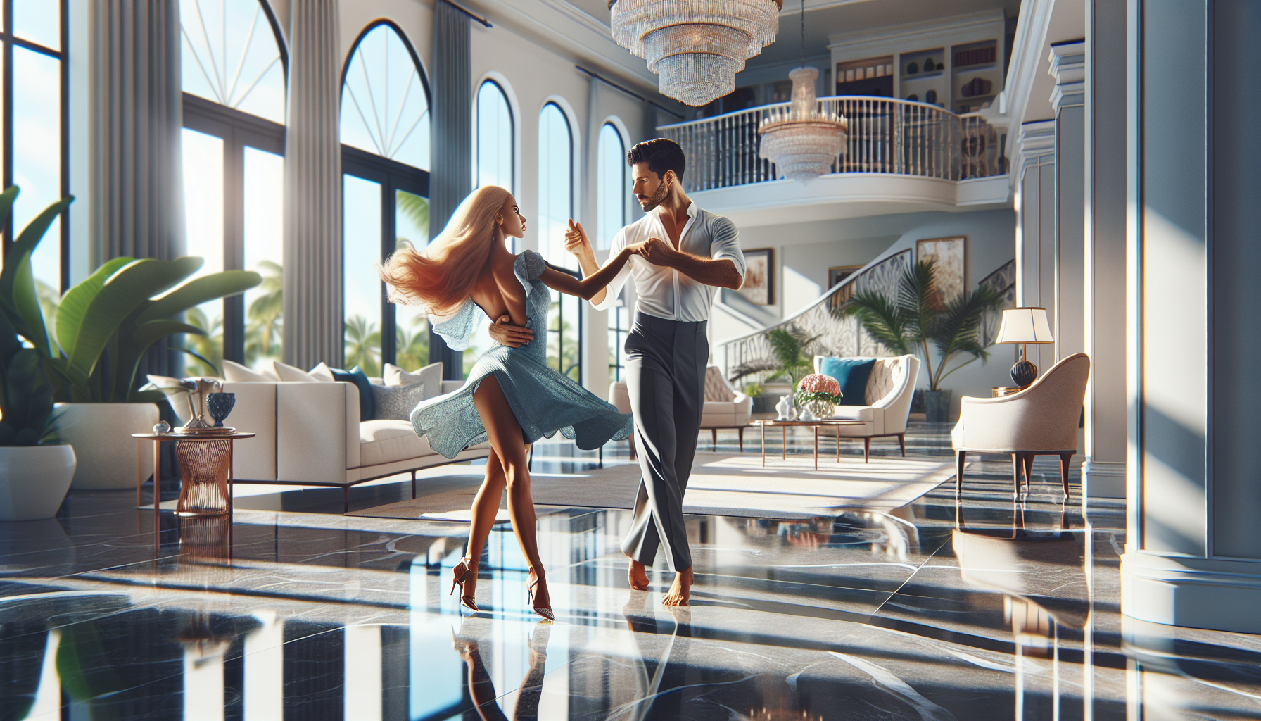 Bright glamorous couple enjoying a private beginner ballroom dance lesson in a luxury Palm Beach home with an elegant South Florida atmosphere
