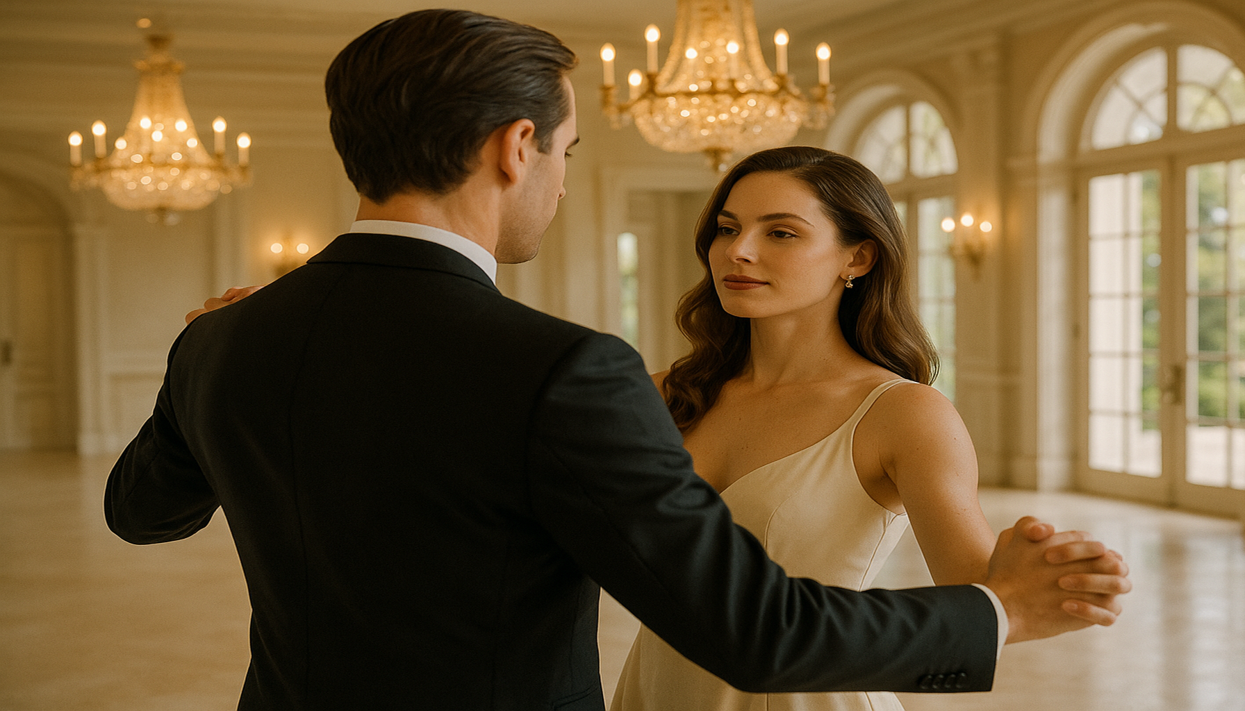 Bright glamorous Palm Beach couple practicing elegant partner dancing before summer wedding season in a luxury South Florida setting