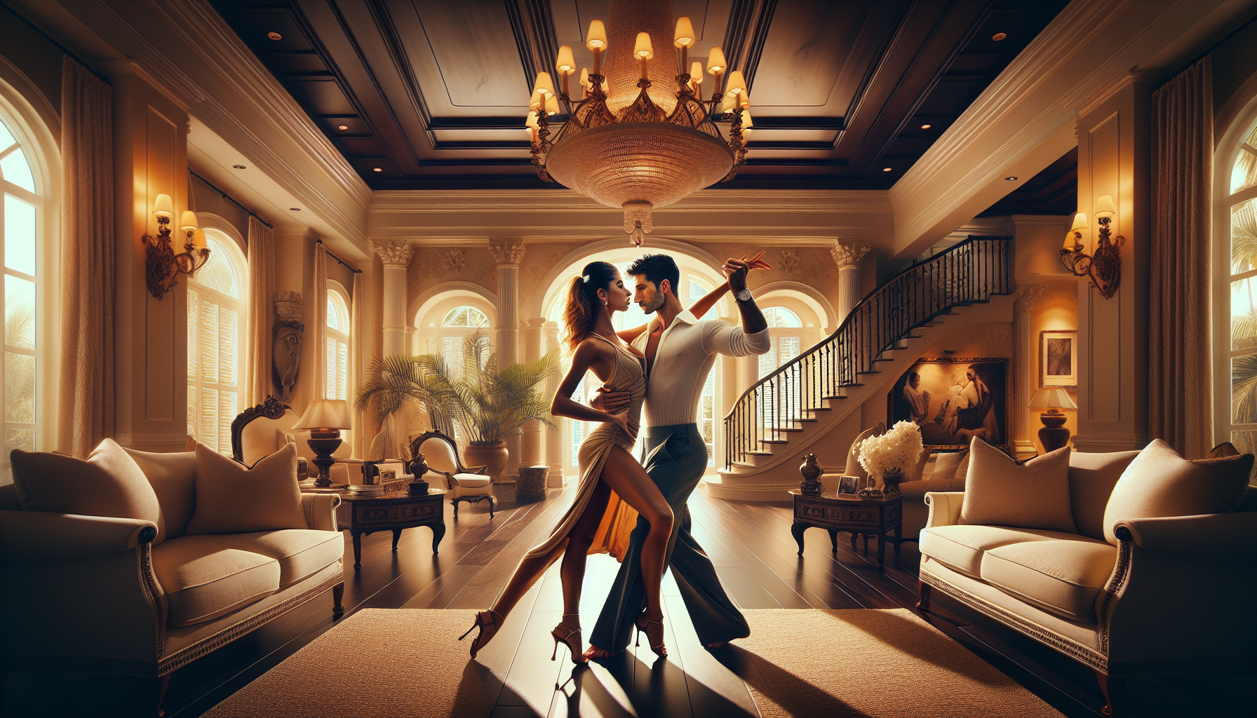 Bright glamorous engaged couple enjoying a private in-home dance lesson during Palm Beach wedding planning in an elegant South Florida living room