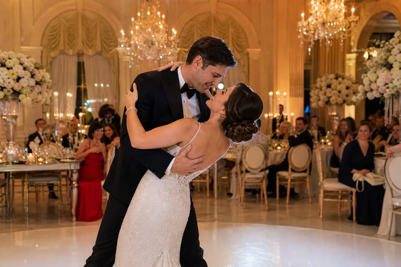 Wedding couple practicing a private first dance lesson at home