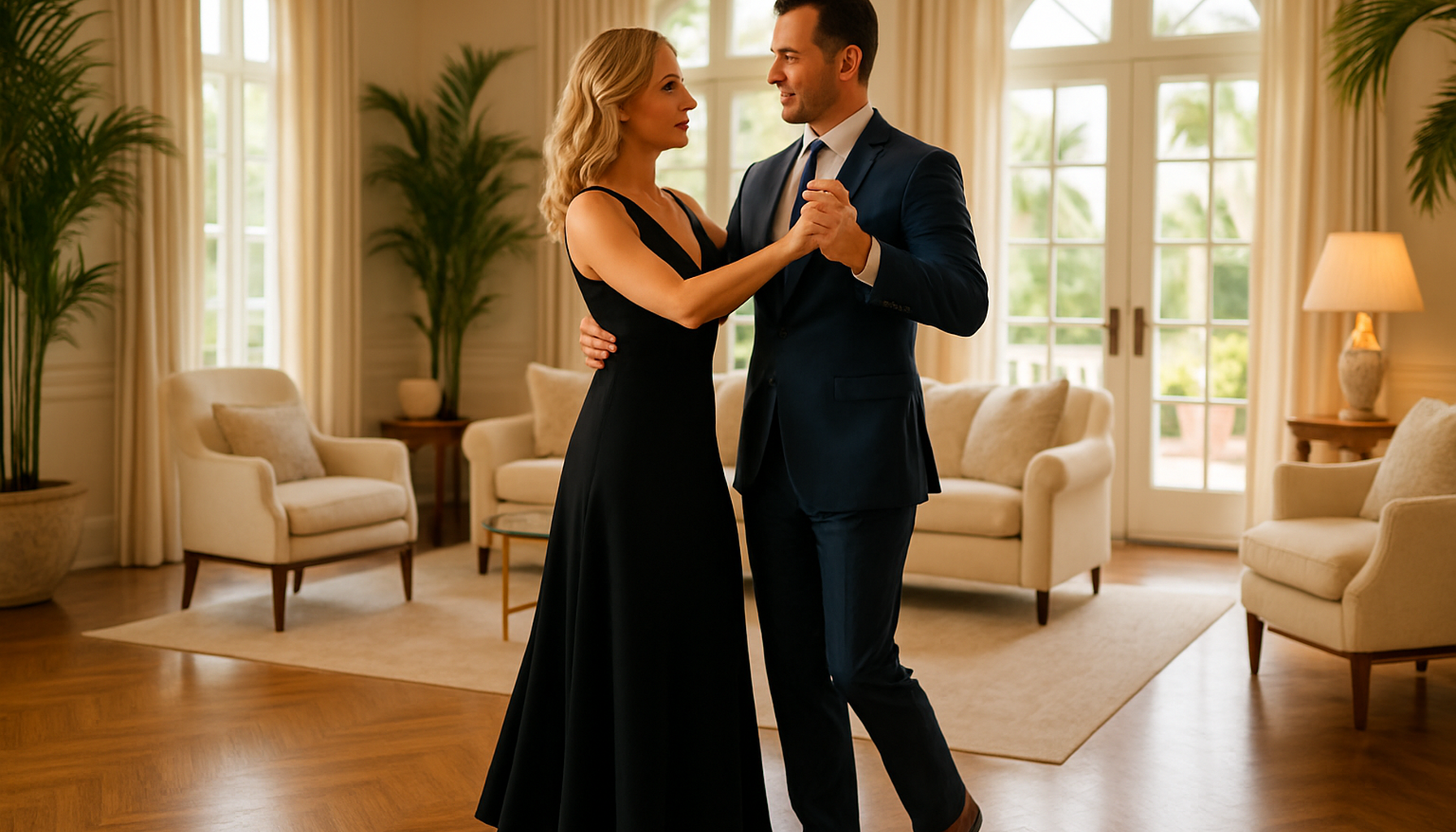 Elegant Palm Beach couple taking a private ballroom dance lesson at home before a social dance night in a bright luxury South Florida interior