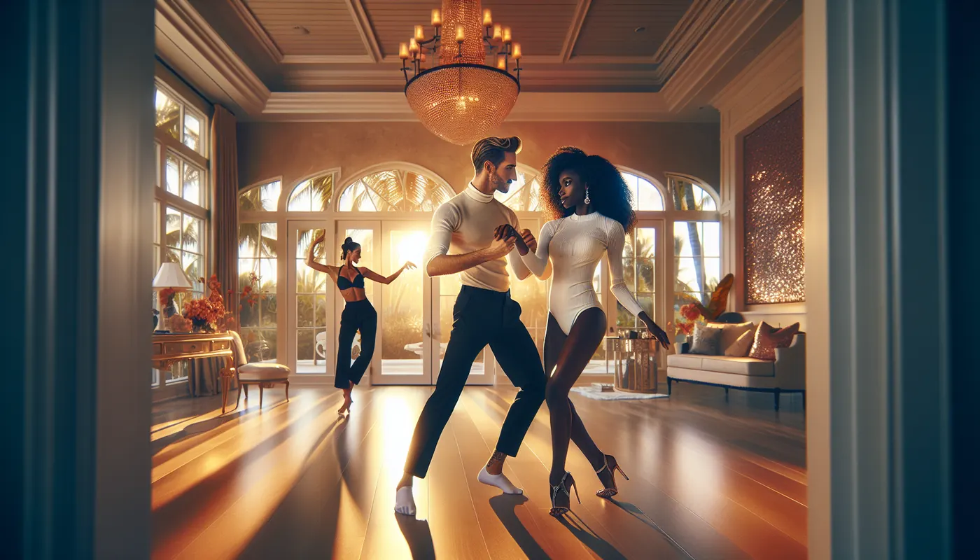Elegant Palm Beach couple discussing private dance lessons in a bright South Florida home