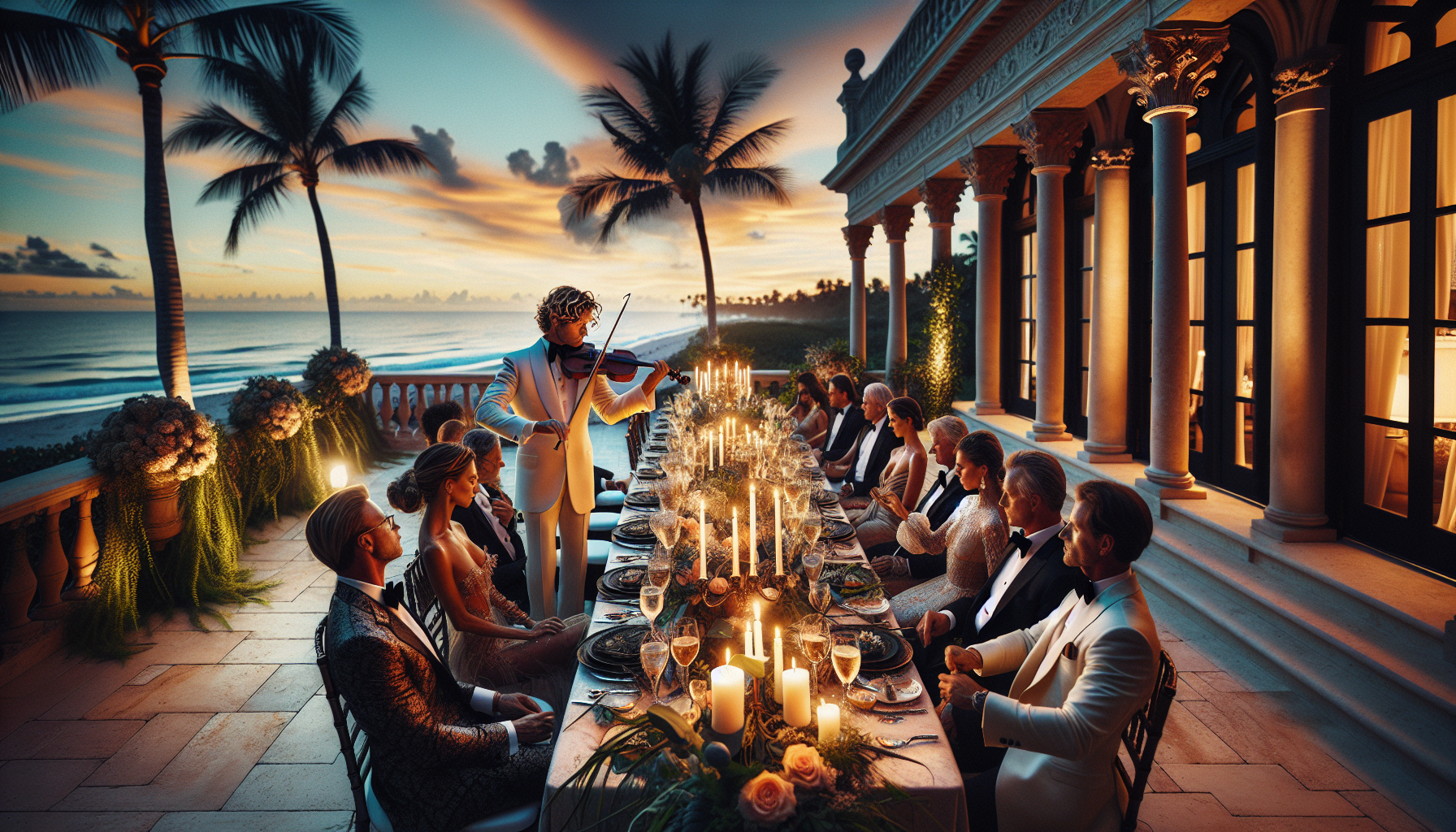 Bright glamorous Palm Beach rehearsal dinner with live violin, elegantly dressed guests, candlelit tables, and a warm South Florida sunset terrace