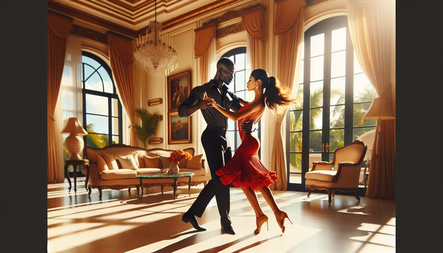 Elegant couple dancing salsa together in a bright, luxurious South Florida home — private Latin dance lesson setting in Palm Beach County
