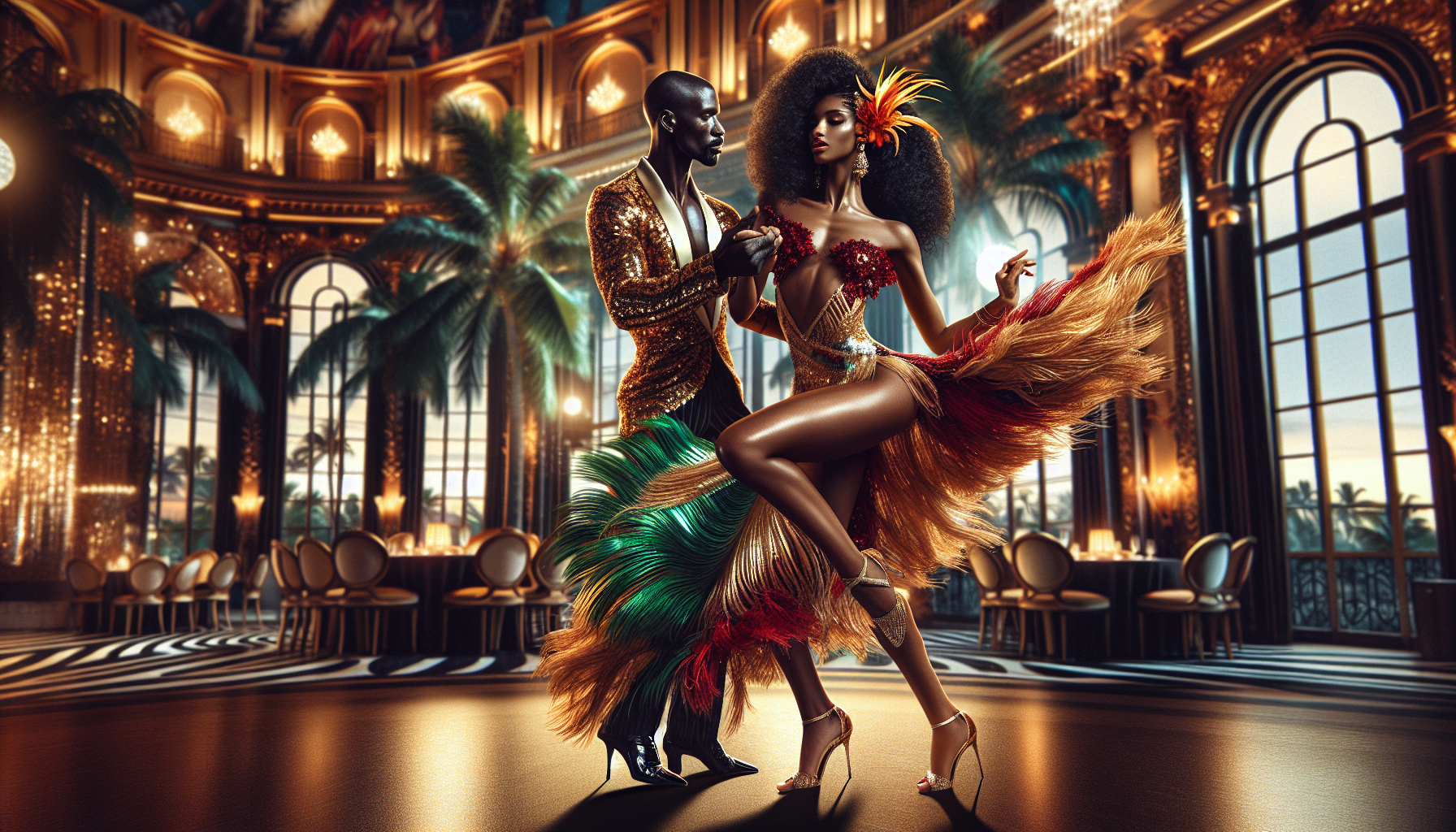 Vibrant samba dance couple performing at a glamorous South Florida venue with tropical scenery and golden ballroom lighting
