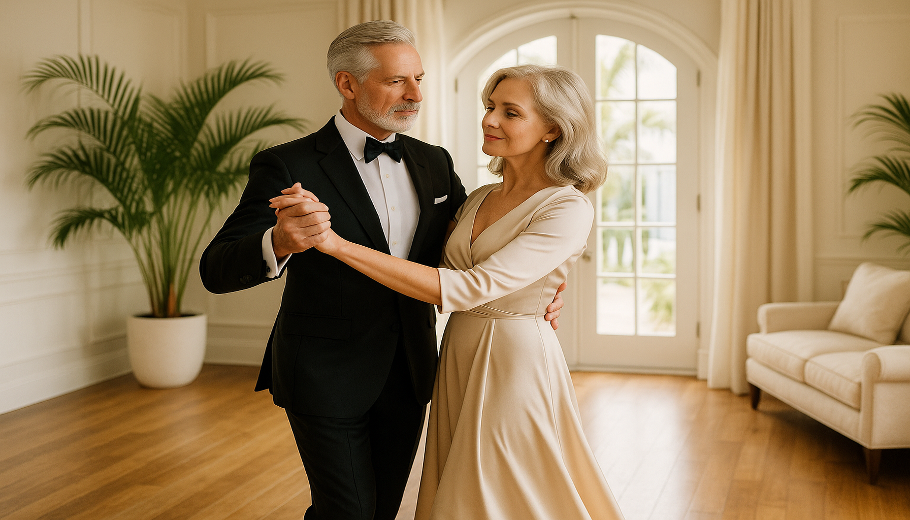 Elegant couple taking private ballroom dance lessons in a bright luxury Palm Beach home with warm South Florida sunlight