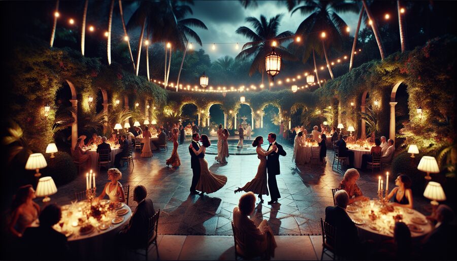 Elegant outdoor dinner dance party at twilight in a lush South Florida garden with string lights, dancing couple on marble patio, and guests at candlelit tables in Palm Beach luxury style