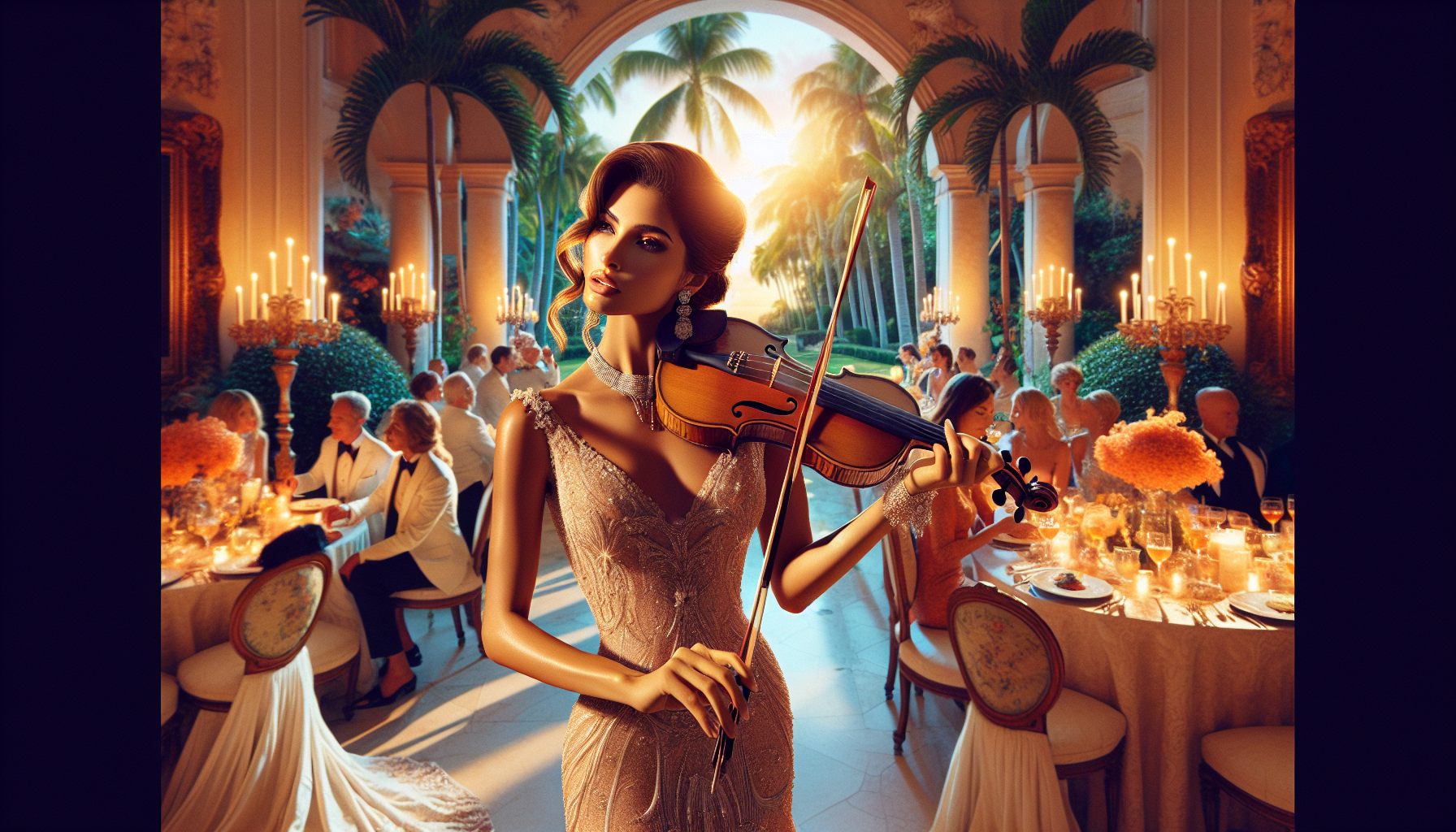 Spring garden party with live violin in Palm Beach, Florida