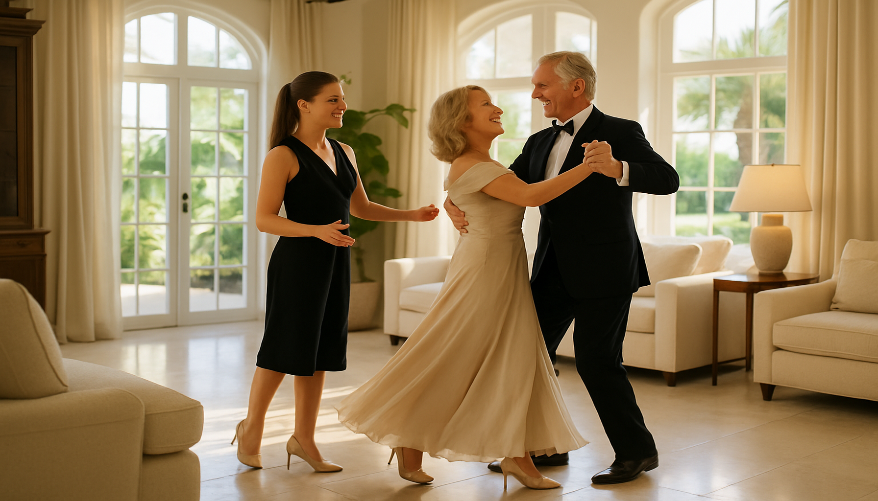 Elegant adults restarting ballroom dance with a private in-home lesson in a bright luxury Palm Beach residence