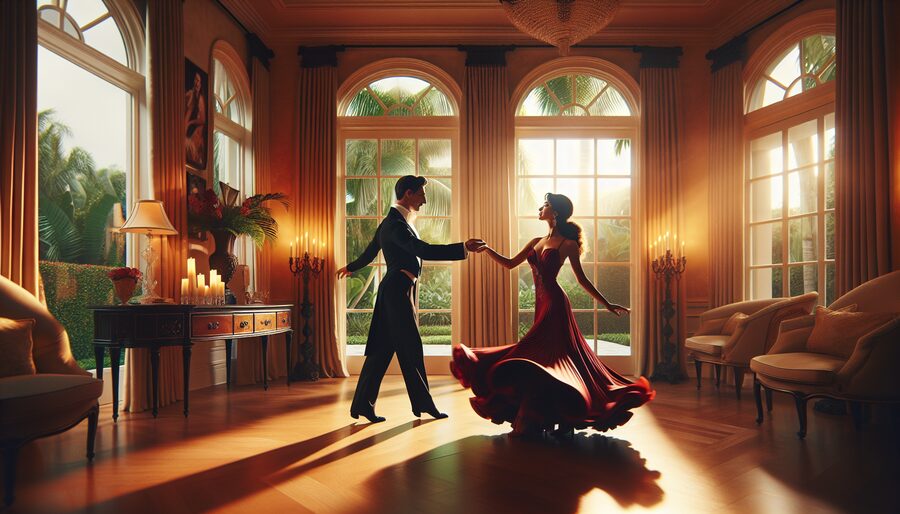 Elegant couple ballroom dancing joyfully in a luminous South Florida home with golden afternoon light, relaxed and completely at ease