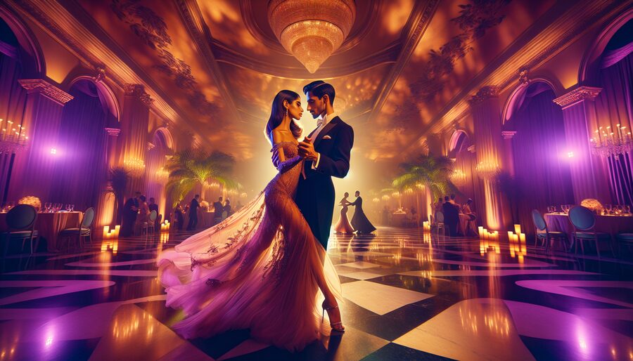 Elegant couple in perfect synchronized tango hold, surrounded by golden candlelight in a glamorous South Florida ballroom setting