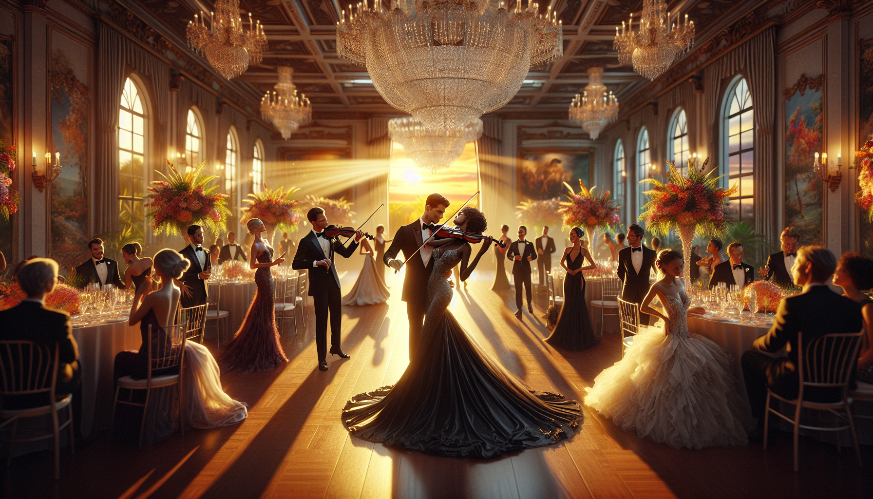 Violinist performing at an elegant South Florida wedding reception as a couple shares their first dance on a glamorous ballroom floor