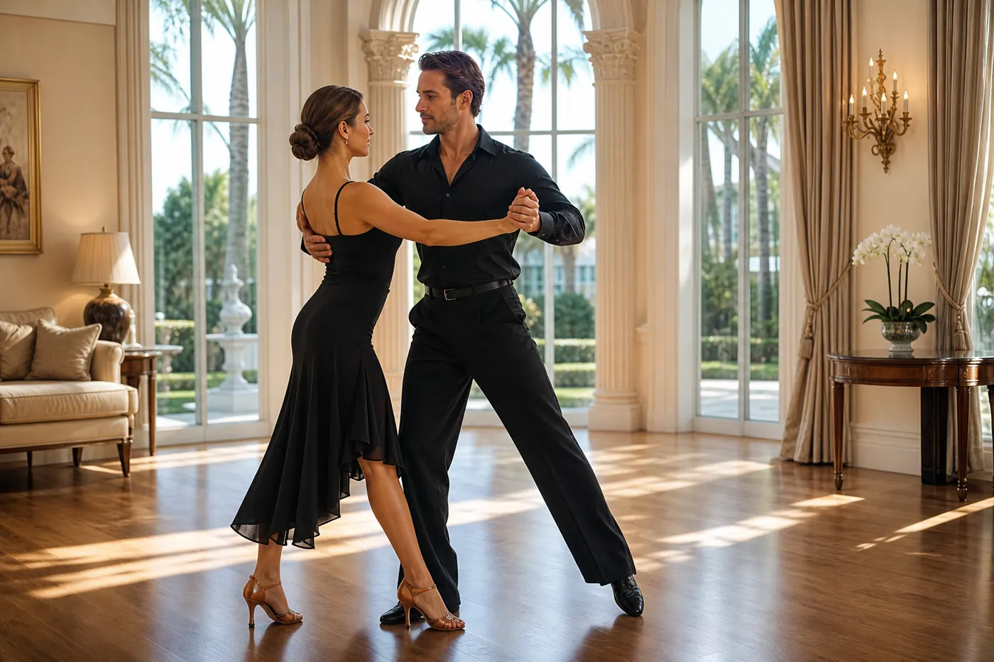 Bright glamorous Palm Beach private dance lesson in an elegant South Florida home with a stylish couple in polished comfortable ballroom attire