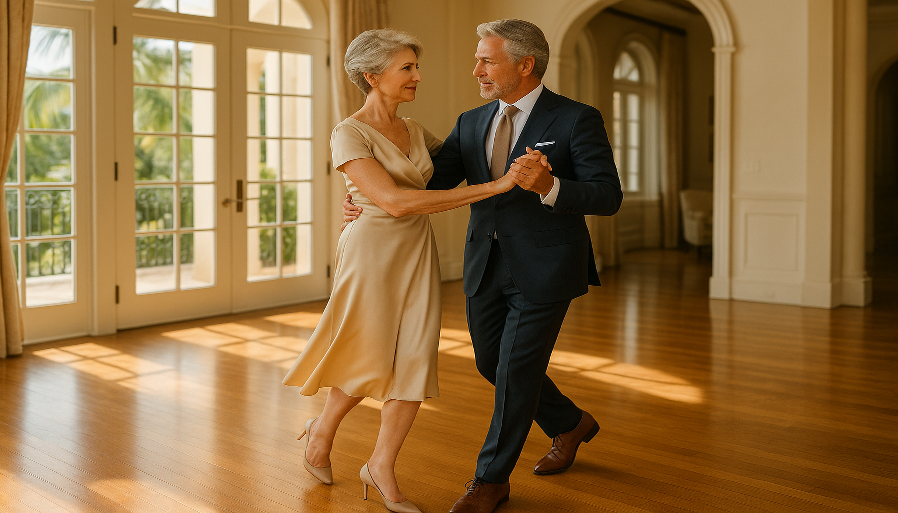 Elegant Palm Beach couple over 50 practicing private ballroom dance at home with poised posture, graceful movement, and warm South Florida light