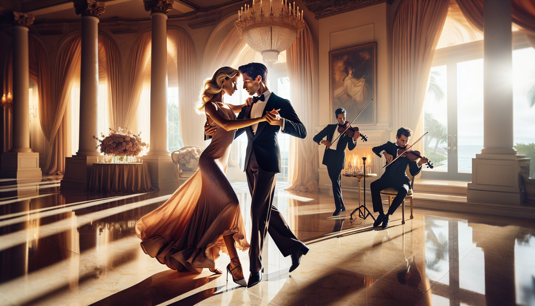 Elegant couple dancing with live violin performance at a luxury Palm Beach South Florida event