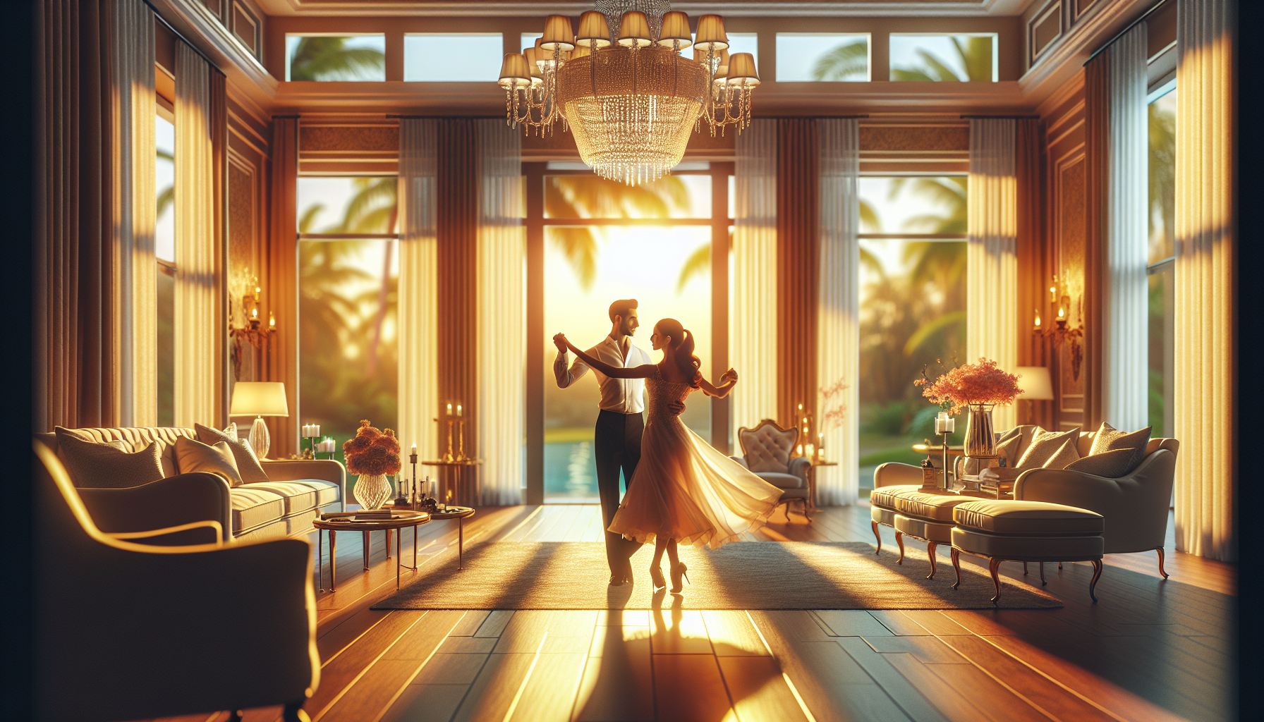 Elegant couple learning private ballroom dance in a luxury South Florida home with natural light